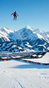 滑雪者雪山前空中飞跃