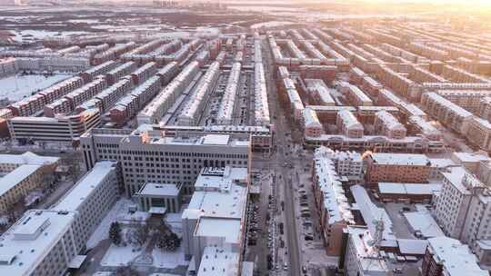 牙克石航拍冬天城市雪景日出