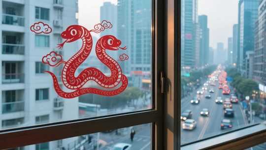 窗户上的蛇年剪纸与城市街景
