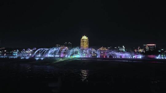 眉山远景楼东坡湿地公园喷泉夜景城市建筑