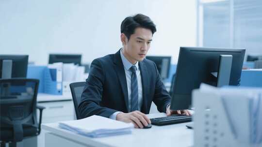 商务男士办公室使用电脑办公
