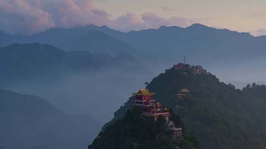 航拍秦岭山南五台寺庙日落夜景灯光