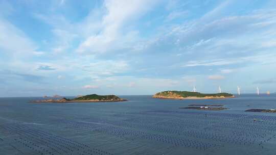 航拍平潭北部湾海上风电场夕阳火烧云鱼排