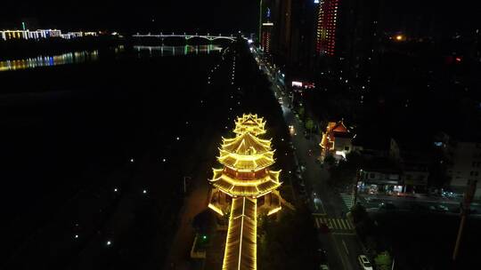 航拍湖南益阳文昌阁夜景