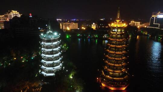 航拍广西桂林地标日月双塔夜景视频素材模板下载