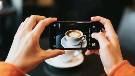 双手持手机拍摄咖啡画面