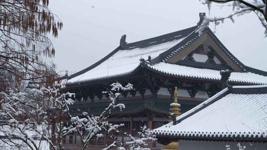 杭州径山寺雪中古建筑屋顶景观