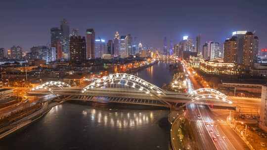 天津海河直沽桥夜景航拍延时