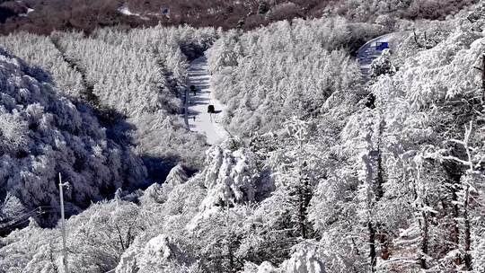 汽车行驶在秦岭210国道雪景道路上