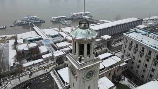 武汉江汉关大楼雪景航拍