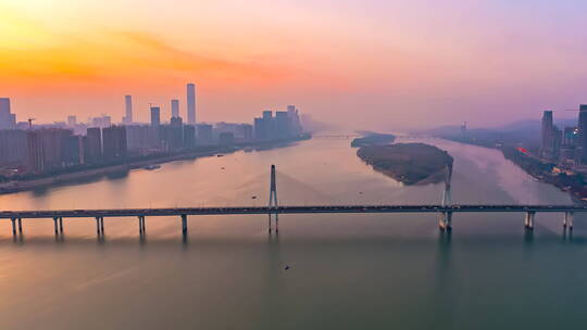 湖南长沙湘江大桥银盆岭大桥日出航拍延时视频素材模板下载