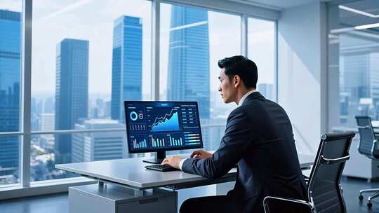 商务白领办公室查看电脑图表
