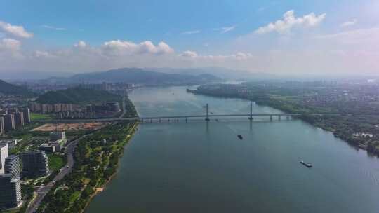 杭州富阳富春江沿江风光延时航拍视频素材模板下载