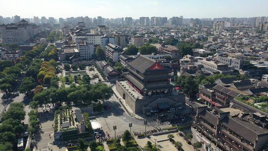 西安钟鼓楼地标建筑城市风光航拍