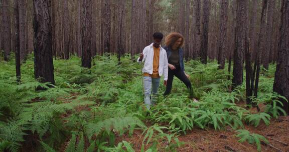 情侣在森林行走
