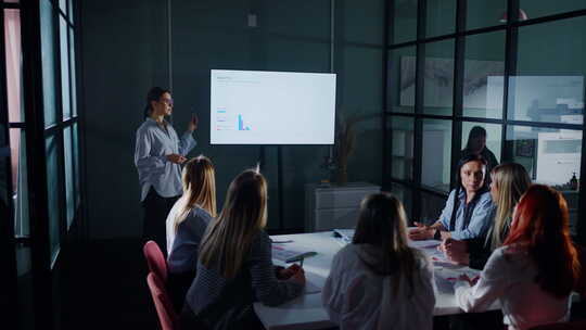 女商人在现代公司营销和销售报告的会议室里