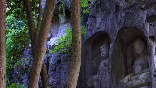 杭州西湖飞来峰塑像石窟群4K实拍视频