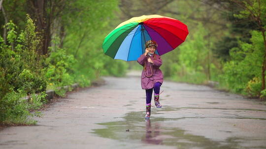 拿着雨伞的小女孩蹦蹦跳跳