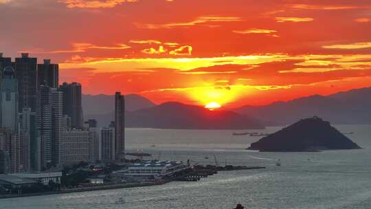 香港中港城傍晚晚霞航拍