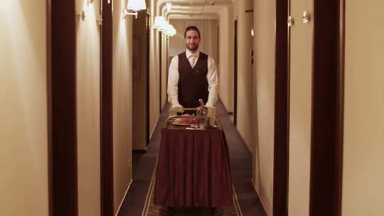 服务员在酒店走廊推车