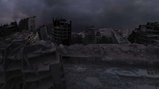 战争或地震后被摧毁的城市，缓慢的鸟瞰图。