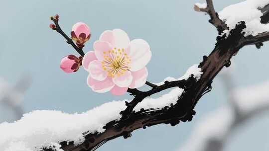 雪中绽放的粉色梅花