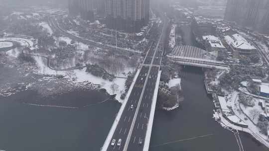 武汉沙湖大桥大雪航拍