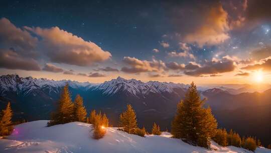 雪山日出森林全景