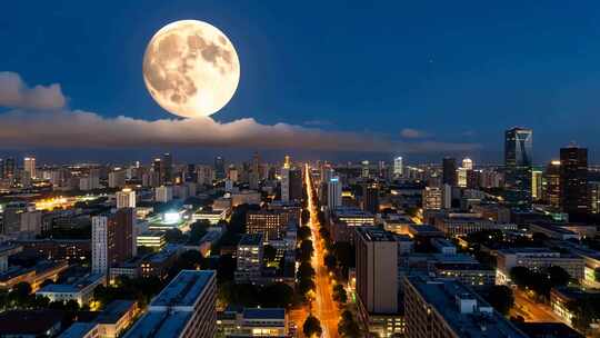 城市夜景上空的巨大满月