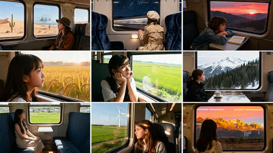 女孩坐列车看窗外风景 旅途上的窗外时光