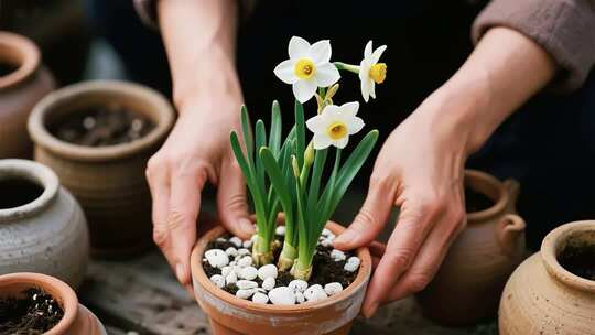 人手捧水仙盆栽画面
