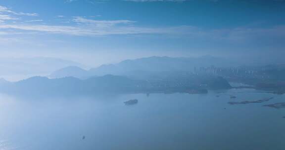 浙江省杭州余杭青山湖晨曦风光航拍