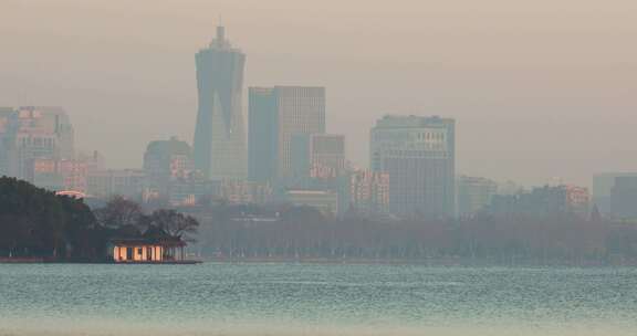 杭州西湖与城市现代高楼同框空镜