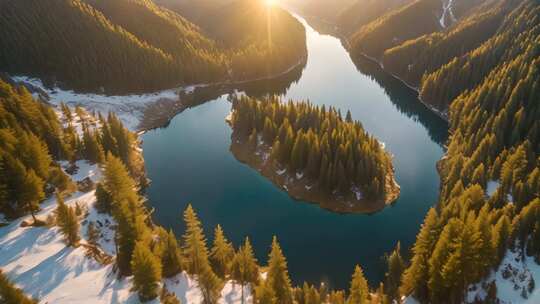 航拍山林间的湖泊美景