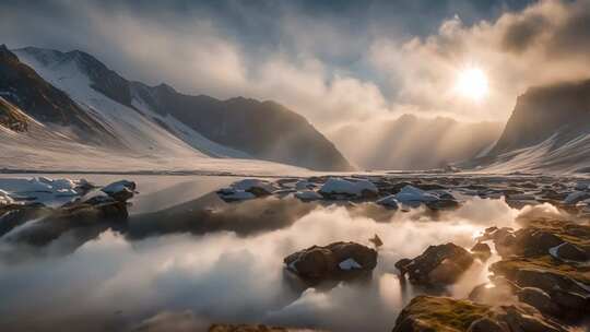 雪山湖泊日出风光