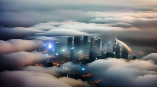 云层上帝视角下的城市高楼