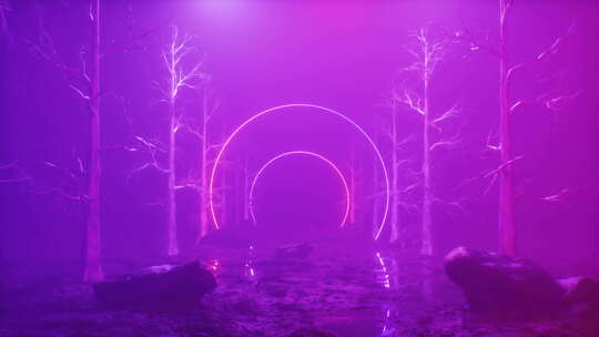 黑暗雾森背景下的霓虹灯发光框架视频素材模板下载