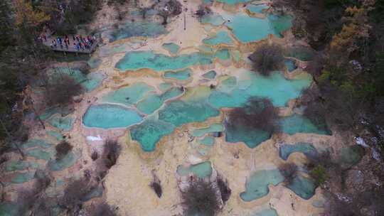 航拍四川九寨沟黄龙景区争艳池映月池迎宾池