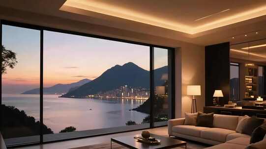 现代客厅窗外山海城市景观
