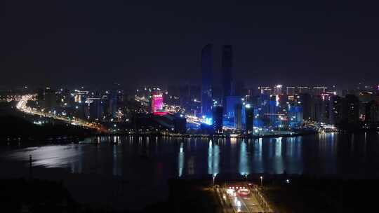 银川阅海湾中阿之轴夜景航拍01视频素材模板下载