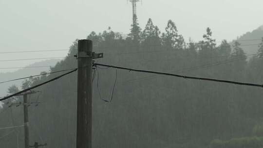 雨天山林电线杆