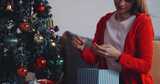 一个漂亮的女人正在家里为圣诞晚会装饰一棵松树。高清在线视频素材下载