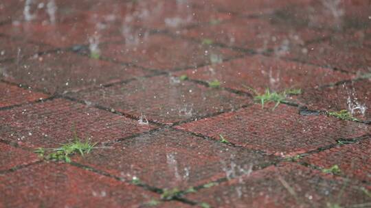 大雨落在城市地砖上