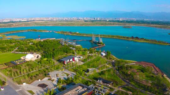 西安昆明池湖水全景航拍