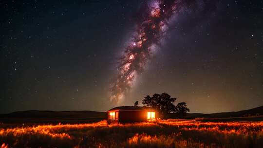 原野小屋星空夜景