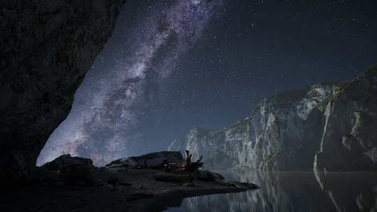 挪威罗弗敦的夜间星空与山地和海洋海滩的超