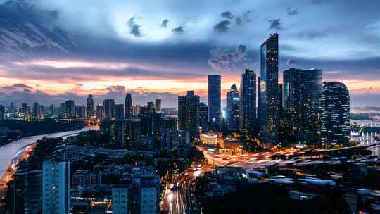 夕阳夜晚城市建筑车流延时繁华都市CBD