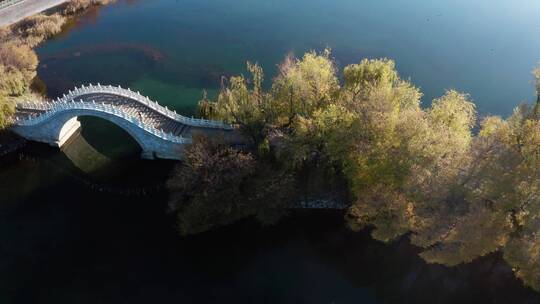 秋天湖中一座中式拱桥