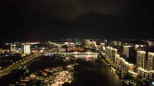 航拍福建漳州城市夜景灯光交通