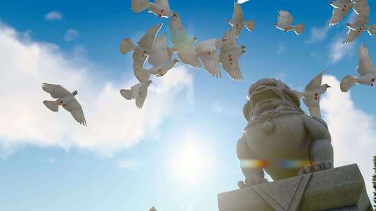 北京和平鸽飞过石狮子和华表上空